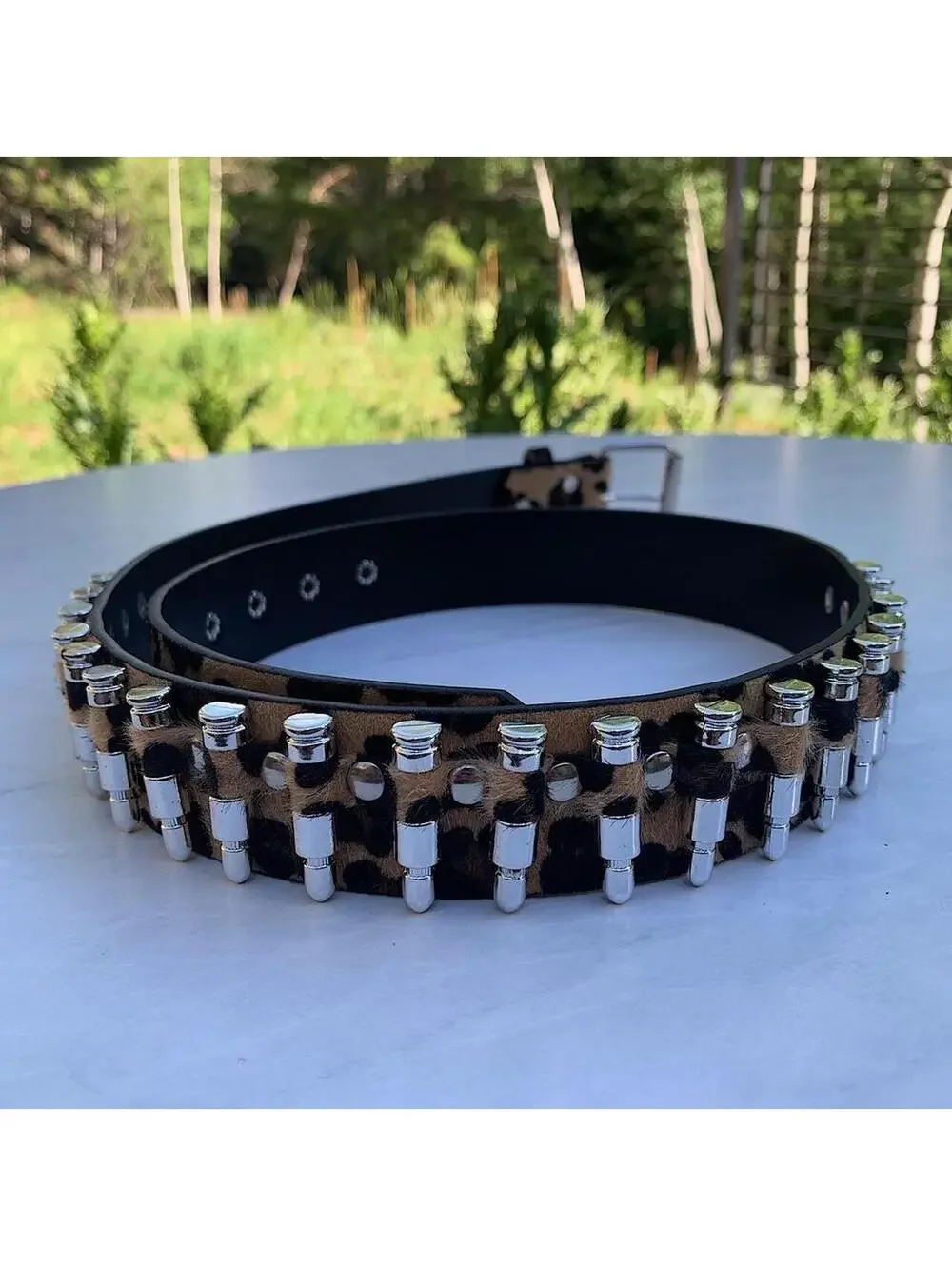 Cyber Bullet belt Cheetah Fur studded vintage y2k style. Cool grunge/punk look
